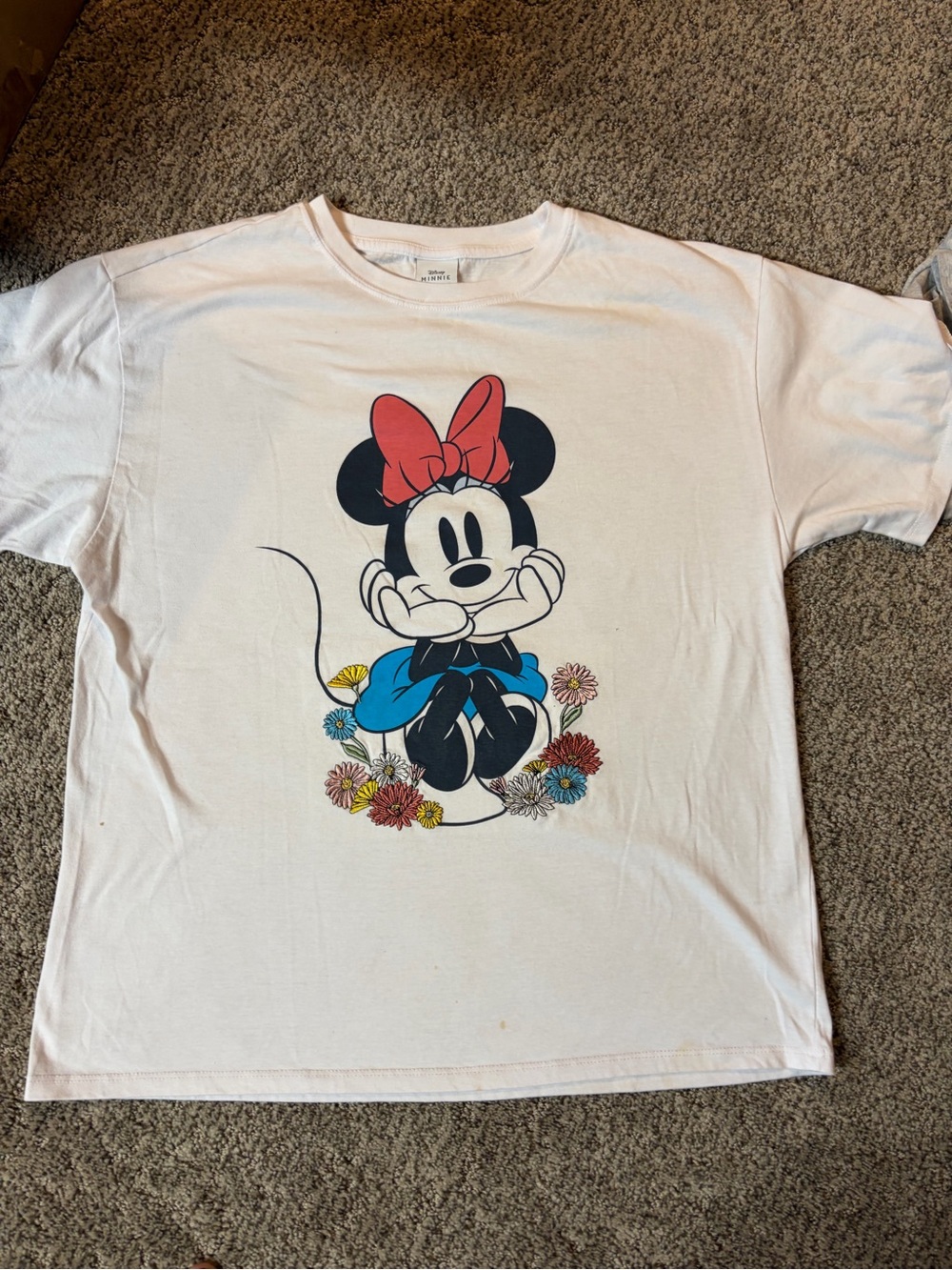 Disney White Minnie Mouse Graphic Tee with Red Bow and Blue Skirt